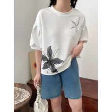 批发2026韩国东大门春装新款女装圆领<b class='q'>甜美</b>撞色拼接花朵短袖T恤