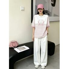 批发韩国东大门春夏2026新款圆领条纹绣花百搭短袖t恤衫女