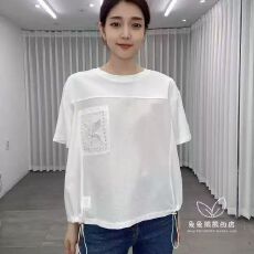 批发2026韩国东大门<b class='q'>春</b>装新款女装圆领亮片花边贴袋甜美抽带T恤