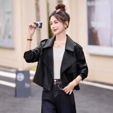 批发翻领<b class='q'>皮衣</b>女短款2026春秋新款宽松时尚气质小个子复古皮夹克外套