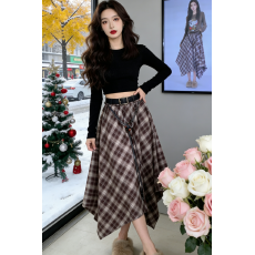 批发<b class='q'>实拍</b> 复古格子纹不规则高腰半身裙女装秋季辣妹中长款小个子裙子