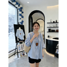 实拍 法式蓝色重工刺绣衬衫女别致圆领小衫九分袖上衣