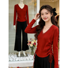 批发实拍 钉珠长袖打底衫百搭显瘦气质方领套头羊绒针织衫