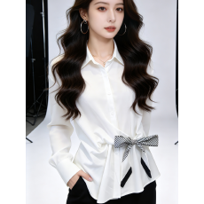 批发法式复古收腰丝巾<b class='q'>衬衫</b>女夏季新款设计感洋气别致POLO领<b class='q'>长袖</b>白<b class='q'>衬衣</b>