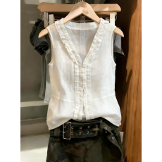 批发<b class='q'>品牌</b><b class='q'>折扣</b>韩系木耳边v领亚麻无袖上衣女夏季新款洋气气质吊带背心