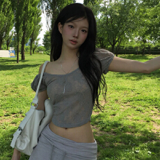 批发韩国东大门新款气质修身显身材纯欲风蕾丝泡泡袖短款露脐<b class='q'>短袖</b>T恤
