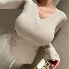 批发韩国东大门秋冬新款气质V领掐腰修身显身材百搭薄款长袖打底<b class='q'>T</b><b class='q'>恤</b>女