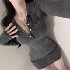 批发韩国<b class='q'>东大门</b>新款气质修身显身材POLO翻领紧身口袋包臀长袖连衣短裙