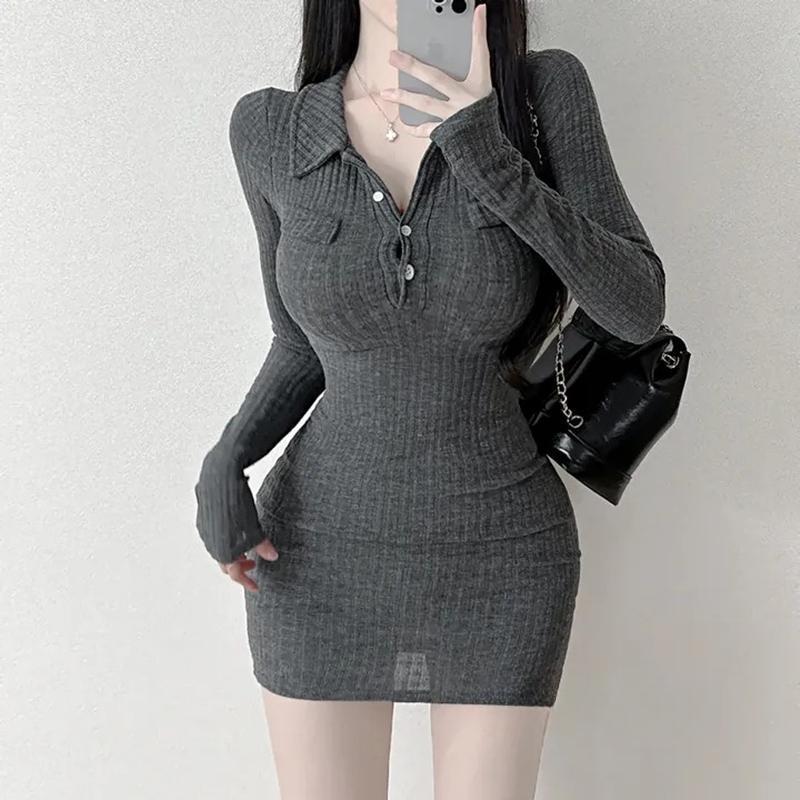 한국 동대문 새로운 품격 폴로 칼라 단추 몸매 가꾸기 디스플레이 몸 다용도 긴팔 만나는 점프 슈트 미니 스커트 여성