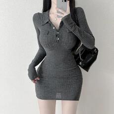 批发韩国<b class='q'>东大门</b>新款气质翻领纽扣修身显身材百搭长袖打底连衣短裙女