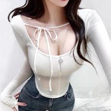 批发<b class='q'>韩国</b>东大门新款气质修身显身材纯欲大U领短裤系带长袖打底衫T恤女