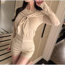 批发韩国东大门新款气质修身亮晶晶圆领长袖<b class='q'>针织</b><b class='q'>开衫</b>T恤+披肩两件套女