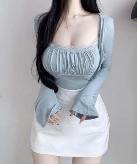 한국 동대문 새로운 품격 순수한 욕망 바람 레이스 측면 패치워크 캐미솔 긴팔 오픈 가디건 두 조각 여성 세트