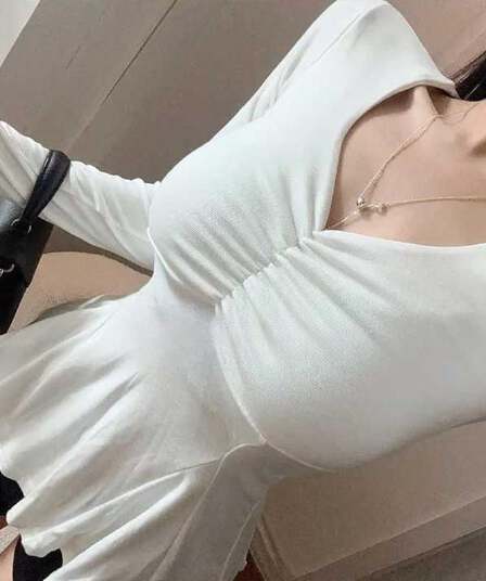 한국 동대문 새로운 품격 순수한 욕망 V넥 허리 수축 프릴 디스플레이 몸 긴팔 다용도 기본 셔츠 티셔츠