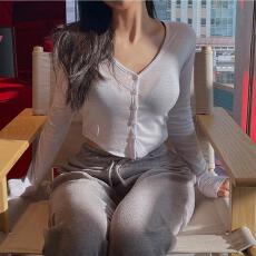 批发韩国东大门新款气质修身薄款微透V领长袖开衫T恤女百搭<b class='q'>短</b>款小外套