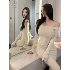 批发韩国<b class='q'>东大门</b>新款气质修身显身材一字领露肩收腰绑带长款包臀<b class='q'>连衣裙</b>