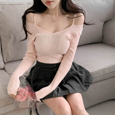 韩国东大门新款气质前后V领修身显身材露肩百搭长袖针织衫T恤女