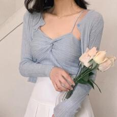 批发韩国东大门新款气质修身显身材百搭<b class='q'>针织</b>背心长袖<b class='q'>开衫</b>两件套上衣