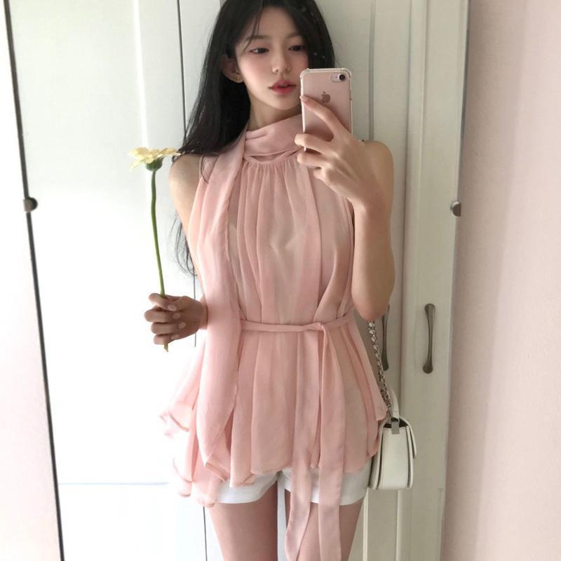 한국 동대문 새로운 디자인 센스 품격 부드러운 달콤함 리본 쉬폰 행침 목 허리 수축 스트랩 쉬폰 티셔츠