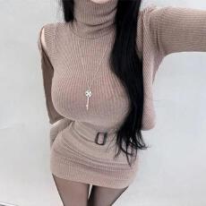 批发韩国<b class='q'>东大门</b>新款气质修身高领收腰显身材包臀<b class='q'>连衣裙</b>长袖开衫两件套