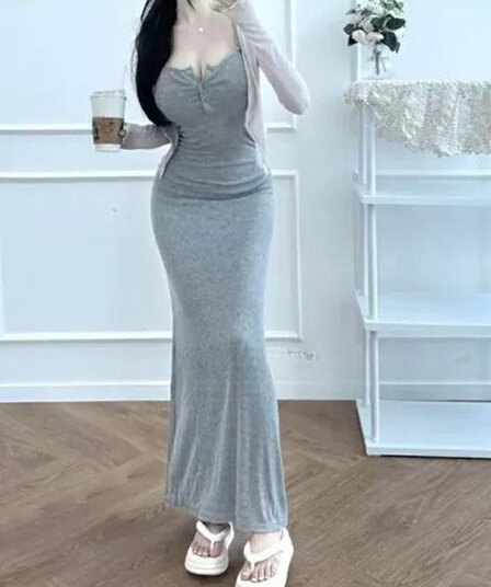 한국 동대문 새로운 품격 몸매 가꾸기 디스플레이 몸 반 개방 칼라 민소매 다용도 롱 코트 슬립 타이트 스커트 드레스