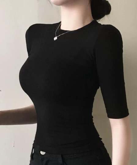 한국 동대문 새로운 품격 몸매 가꾸기 라운드 넥 얇은 스타일 마이크로 ~을 통해 디스플레이 몸 다용도 중간 소매 기본 셔츠 티셔츠 여성