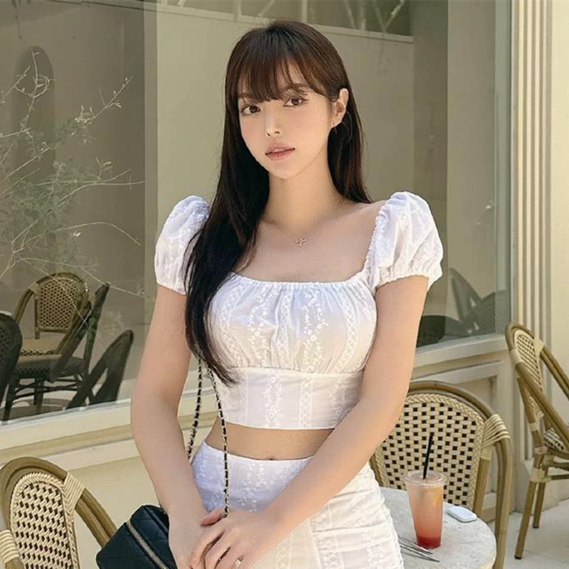 한국 동대문 새로운 품격 광장 칼라 레트로 몸매 가꾸기 쇼트 스타일 디스플레이 몸 다용도 반팔 셔츠 티셔츠 여성
