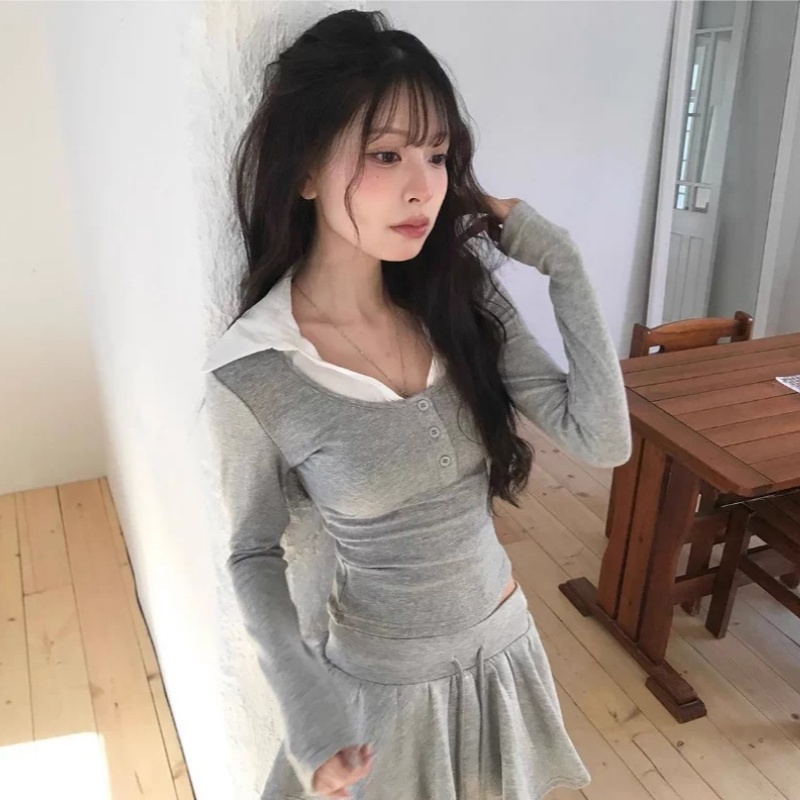 한국 동대문 새로운 품격 배색 패치워크 디자인 센스 폴로 칼라 다용도 몸매 가꾸기 디스플레이 몸 긴팔 티셔츠 여성