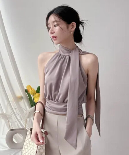 한국 동대문 새로운 품격 몸매 가꾸기 스카프 칼라 레이스업 나비 매듭 쇼트 스타일 허리 수축 디스플레이 몸 민소매 티셔츠