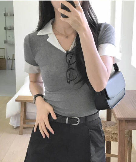 한국 동대문 새로운 품격 몸매 가꾸기 허리 수축 디스플레이 몸 polo 폴로 칼라 배색 패치워크 다용도 반팔 티셔츠