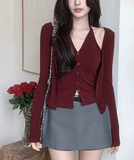한국 동대문 새로운 품격 몸매 가꾸기 디스플레이 몸 행침 목 V넥 단추 페이크 레이어드 다용도 긴팔 오픈 가디건 티셔츠