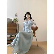 批发实拍春夏套装女<b class='q'>大码</b>微胖mm一字领立体花朵上衣半身裙子两件套