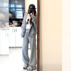 批发慵懒风休闲运动服套装女春秋<b class='q'>韩版</b>学生宽松连帽开衫卫衣长裤两件套