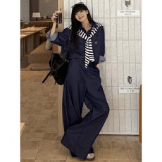 批发韩系OOTD<b class='q'>运动服</b>套装女复古秋季宽松牛仔<b class='q'>衬衫</b>外套时尚阔腿裤两件套