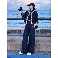 批发新款韩系穿搭一整套装女洋气减龄藏蓝色衬衫上衣阔腿裤子两件套潮