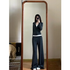 批发休闲慵懒风运动套装女秋季韩系条纹立领修身显瘦卫衣阔腿裤两件套