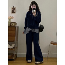 秋装穿搭一整套胖mm法式独特慵懒风拼接卫衣时尚休闲运动两件套装