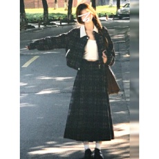 批发韩系穿搭休闲时尚套装裙女<b class='q'>春</b>秋学院风翻领拼接格子连衣裙两件套