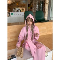 批发美式街头风休闲运动<b class='q'>套装</b>女秋季时尚字母印花连帽卫衣阔腿裤两件套