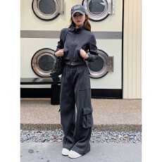 批发洋气时尚休闲运动服套装<b class='q'>女</b>秋冬韩系复古短款<b class='q'>卫衣</b>阔腿裤工<b class='q'>装</b>两件套