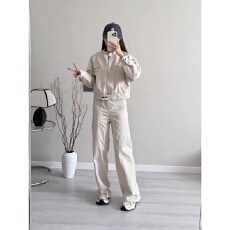 批发美式复古工装套装女秋季长袖短<b class='q'>外套</b>夹克上衣宽松休闲阔腿裤两件套