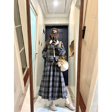 批发美式复古学院风格子连衣裙女深秋冬新款短外套<b class='q'>百褶</b>半身裙两件套装