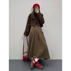 批发韩系chic复古格纹套装女秋季气质高级感外套收腰绝美<b class='q'>百褶</b>裙两件套