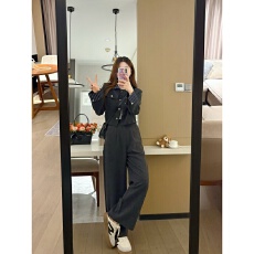 高级感洋气时尚休闲套装女秋季条纹拼接短款夹克外套阔腿裤两件套