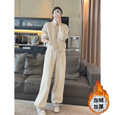 批发运动休闲套装女秋<b class='q'>冬</b>韩版高级感加绒加厚立领卫衣外套阔腿裤两件套