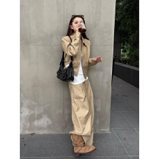 批发秋冬季老钱风宽松休闲<b class='q'>运动</b>套装女短款卡其色外套阔腿裤时尚两件套