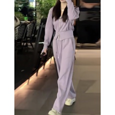 批发休闲风运动套装女秋<b class='q'>冬</b>新款时尚连帽卫衣外套高腰抽绳阔腿裤两件套