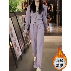 批发高级感秋<b class='q'>冬</b>新款紫色休闲运动套装女装加厚开衫卫衣阔腿长裤两件套