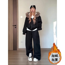 批发韩系慵懒风休闲运动套装女秋冬时尚加绒毛领连帽<b class='q'>卫衣</b>阔腿裤两件套