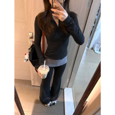 批发一整套显瘦ootd穿搭休闲运动套装韩系时尚气质上衣微喇长裤两件套